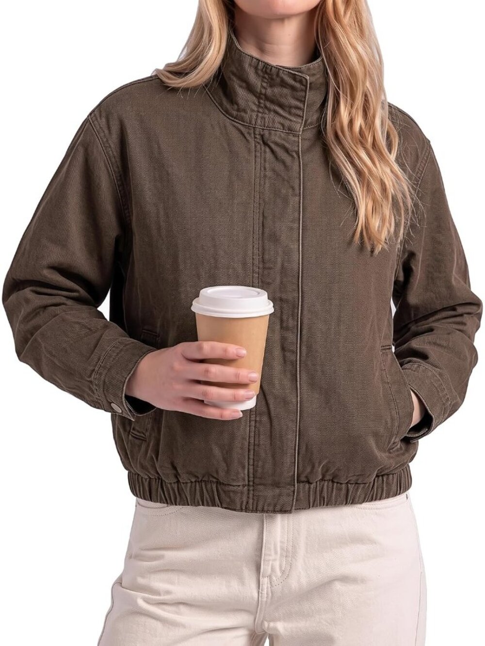 Women Brown Funnel Neck Zip Up Oversized Side Slant Pockets Drop Shoulder Jacket